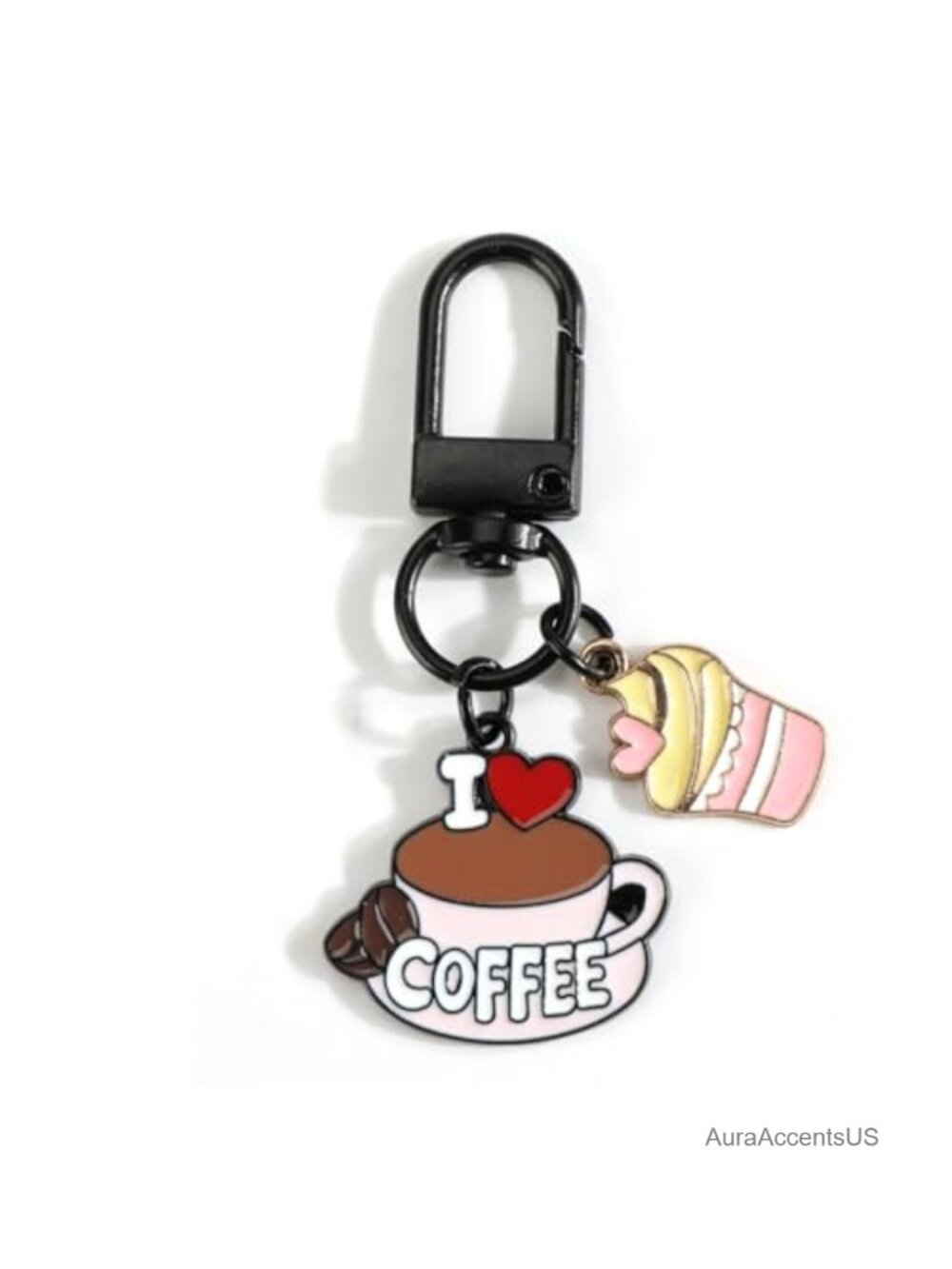 Cute Coffee Cup Keychain with Croissant Charm Enamel Metal Bag Accessory Gift